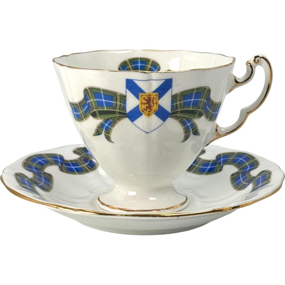 Adderley Nova Scotia Tartan Blue Green Teacup Cup Saucer Bone China UK Canada